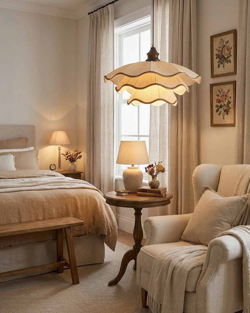 Pliora pleated pendant light in master bedroom lounge area, warm cozy ambient lighting over soft neutral bedding