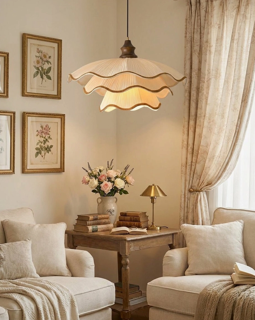 Pliora scalloped pleated pendant light in formal living room with linen sofas and botanical wall decor, warm ambient lighting