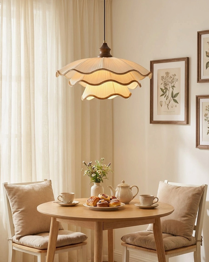 Pliora tiered scalloped pendant light illuminating minimalist dining room with neutral upholstered seating and circular table