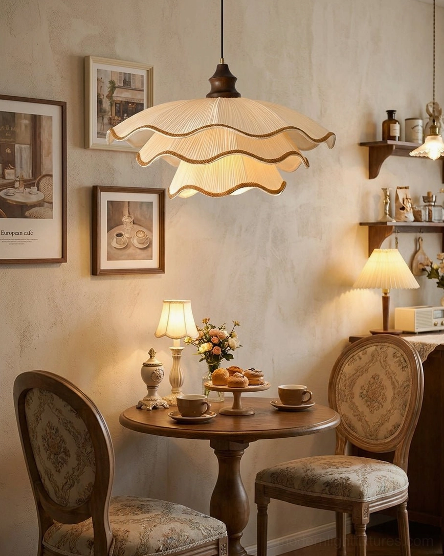 Pliora scalloped pendant light mounted over round table in vintage tea nook with decorative wall shelves
