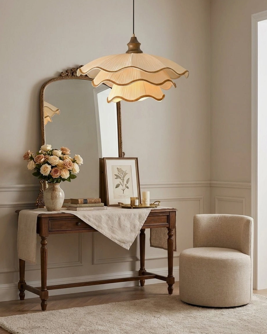 Pliora scalloped pendant light with ash wood stem and electroplated alloy canopy, architectural detail view
