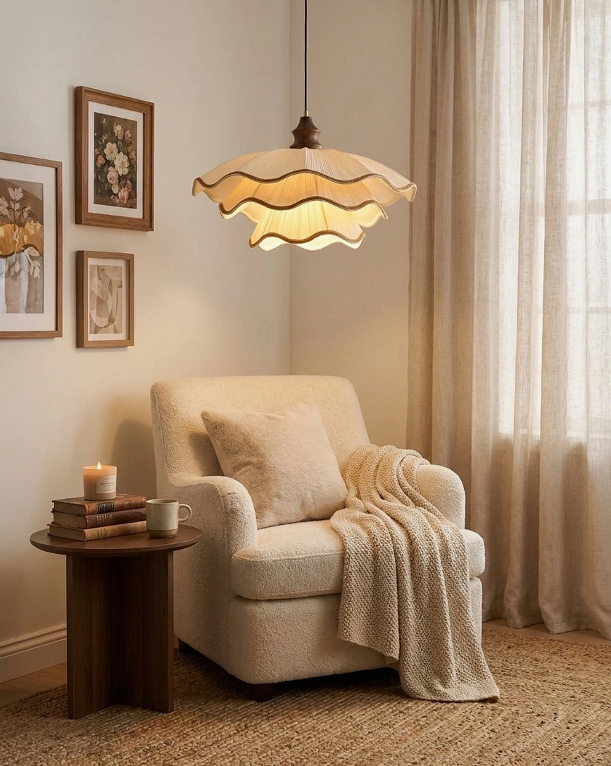 Pliora tiered scalloped pleated pendant light close-up detail view showing fabric texture, piping, and ash wood stem