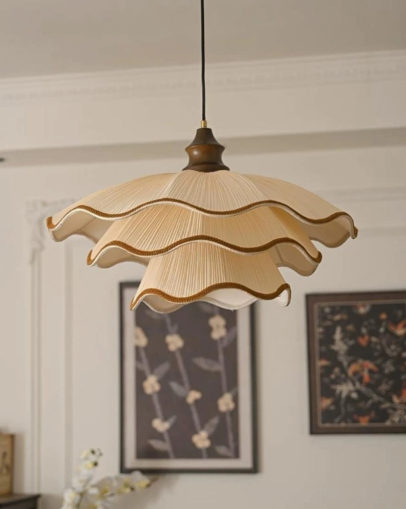 Pliora tiered pleated fabric pendant light installed in classic vintage home entryway, side view showing ash wood stem