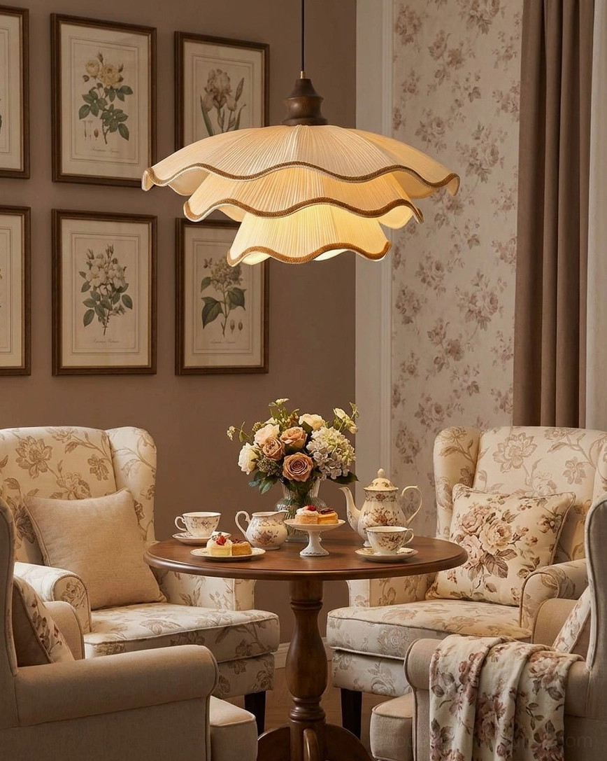 Pliora tiered pendant light in vintage sitting room with patterned wallpaper, tufted upholstery, and farmhouse decor
