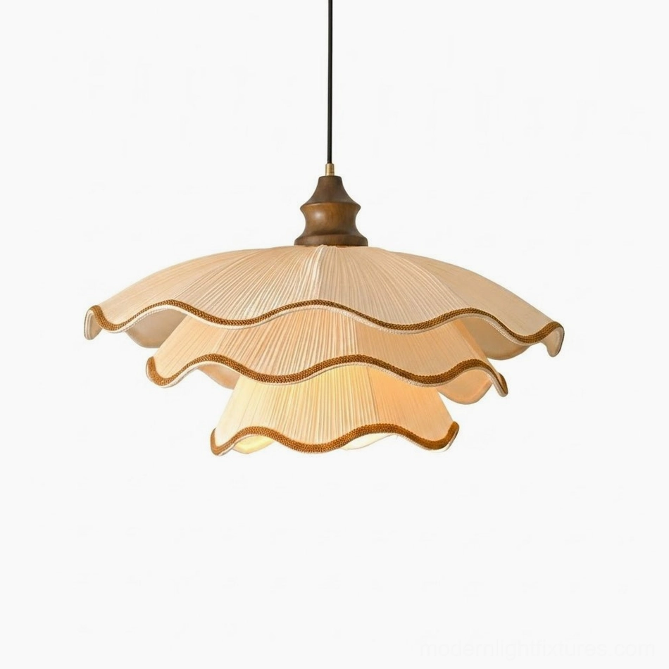 Pliora tiered scalloped pleated pendant light in beige with brown contrast trim, 65cm diameter by 30cm height