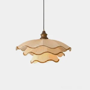 Pliora tiered scalloped pleated pendant light with cream fabric and brown contrast piping, shown in studio front view with white background
