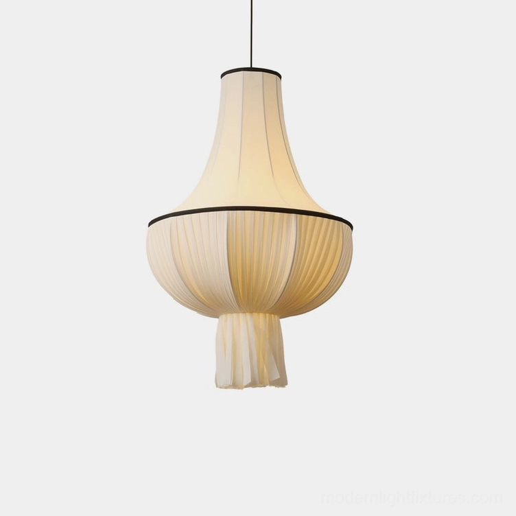 Plisselle pleated fabric pendant light with tiered bell and bowl shape, cream fabric with black trim, studio flat-lay frontal view on white background