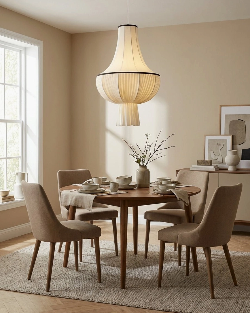 Plisselle pleated pendant light in formal dining room setting, frontal view over dining table, neutral warm interior with elegant dining furniture