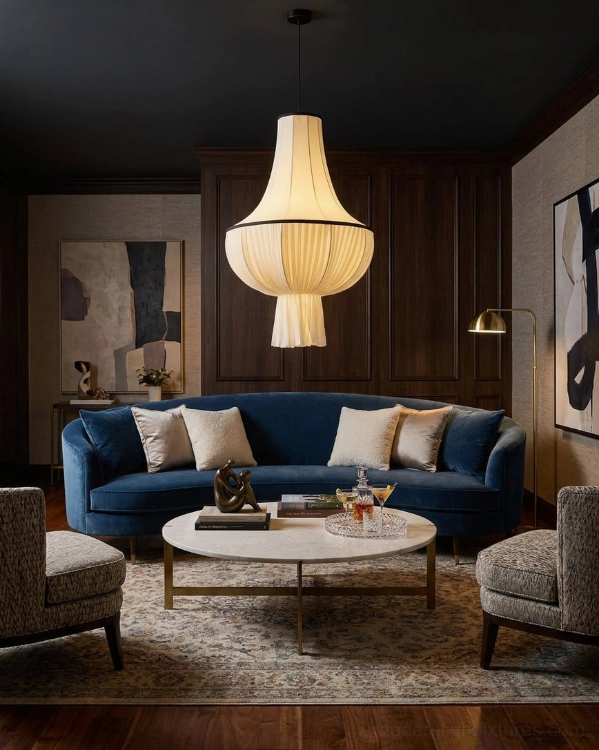 Plisselle pleated pendant light in modern living room with accent wall, wide frontal view, contrasts dark wood and blue sofa, sculptural focal point