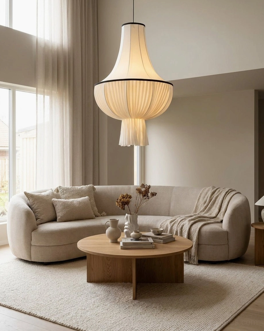 Plisselle pleated fabric pendant light in cozy living room lounge setting, wide frontal view above sofa, warm neutral home decor and ambient lighting