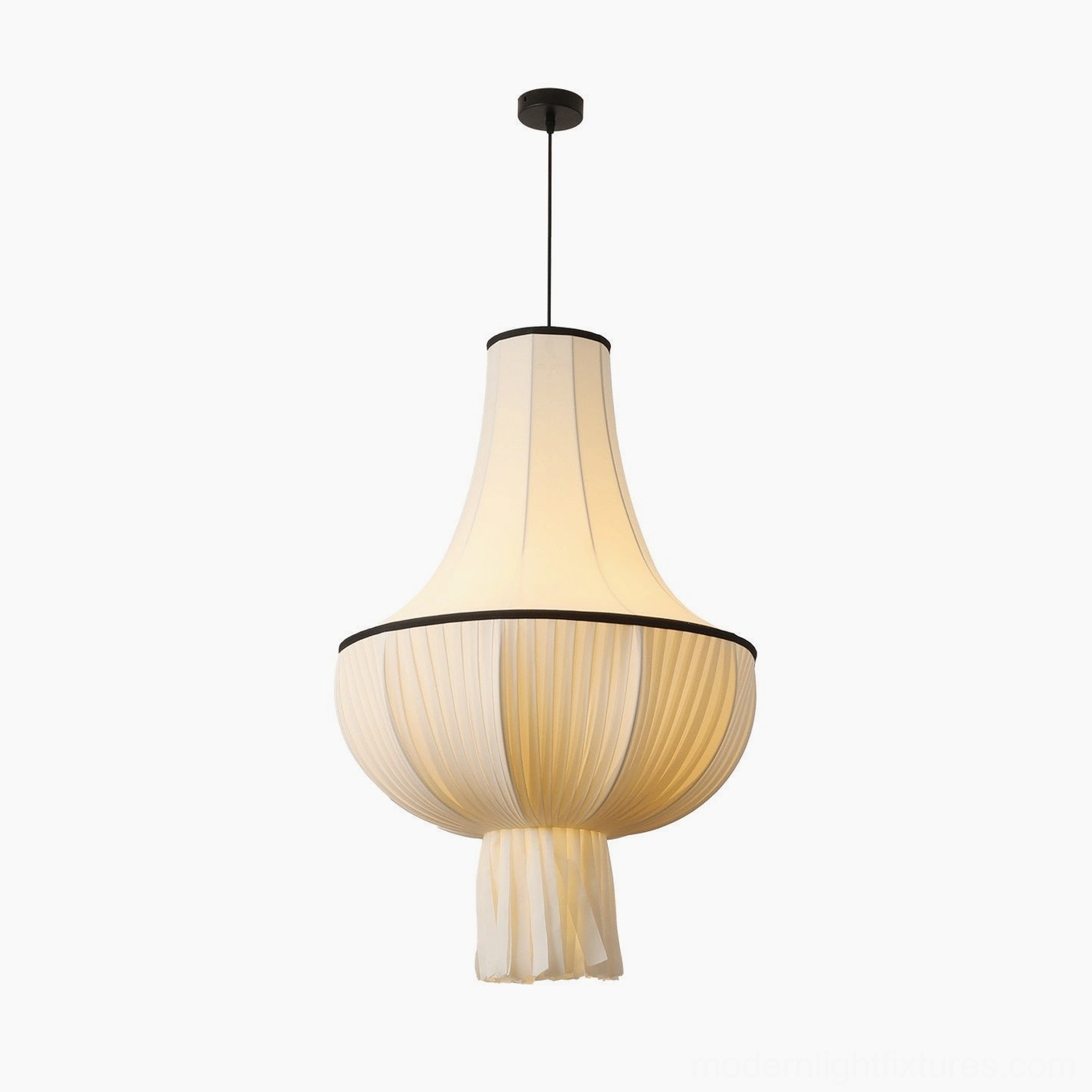 Plisselle pleated fabric pendant light size 4 largest 39.4 inch diameter 61 inch height, cream tiered sculptural shade black canopy cord