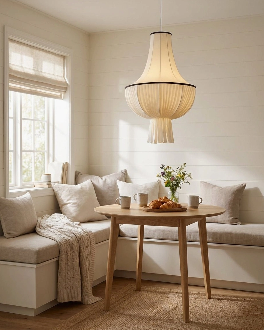 Plisselle pleated pendant light in window breakfast nook, frontal seating view, muted neutral minimalist home interior with natural light