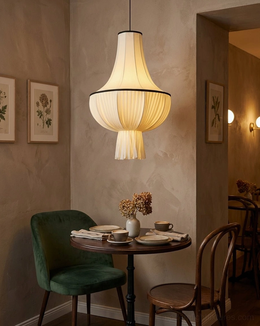 Plisselle pleated pendant light in stairwell two-story foyer, grand size 39.4 inches diameter, dramatic vertical drop statement lighting installation