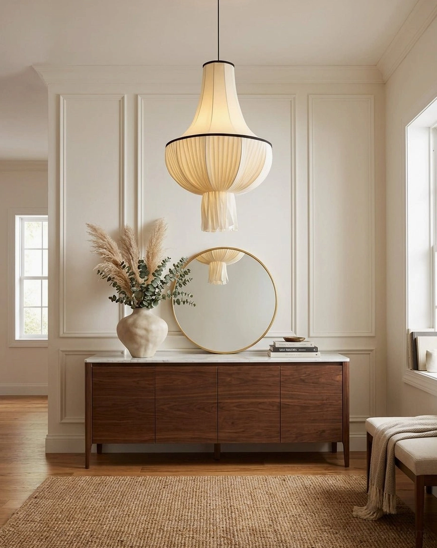 Plisselle pleated pendant light hanging in bright entryway foyer, frontal view over console table entrance, neutral warm interior design elegant entry