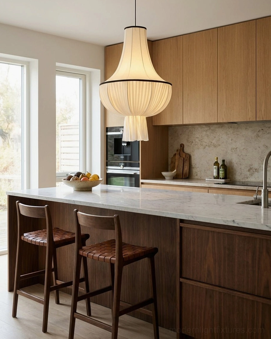 Plisselle pleated fabric pendant light illuminating modern kitchen island dining area, wide overhead view, warm wood tones and contemporary decor