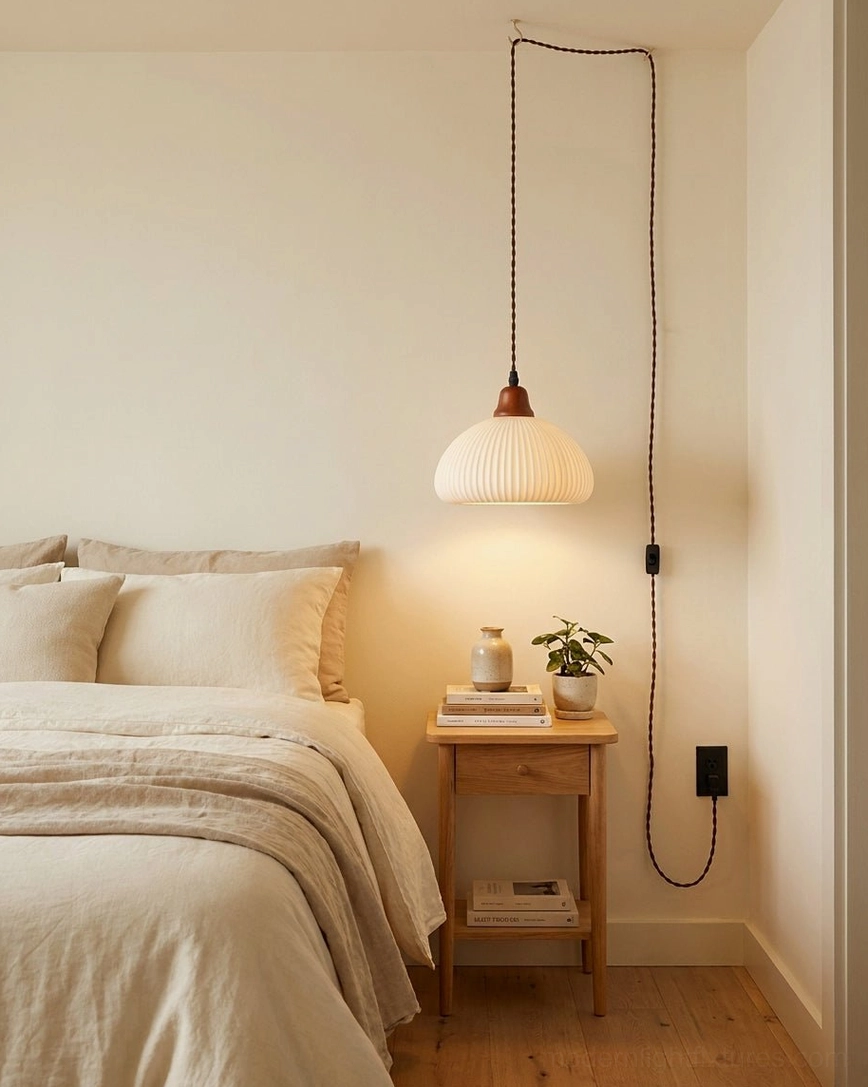 Sidra ceramic dome pendant light hanging in bedroom bedside setting, warm minimalist home decor