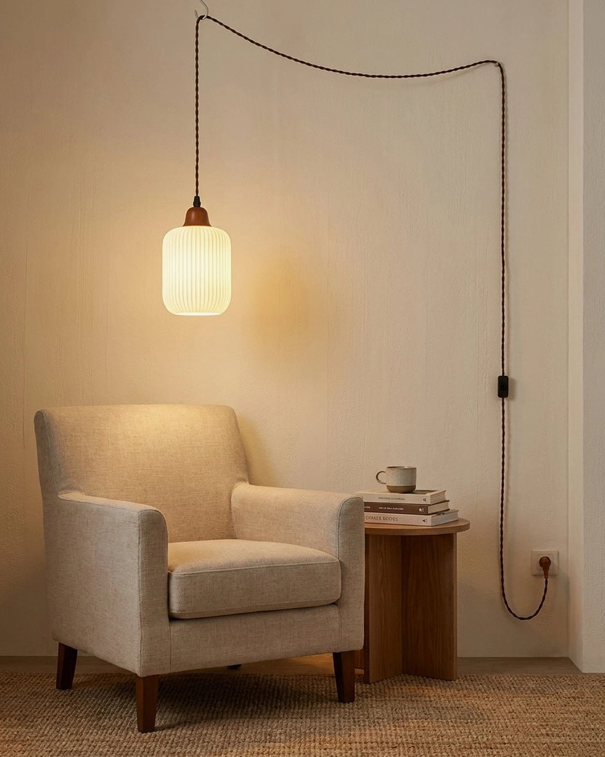 Cylindrical ceramic pendant light with long braided cloth cord in cozy armchair reading space