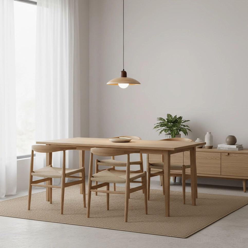 Plug-in pendant lamp installed in modern dining room with natural wood furniture