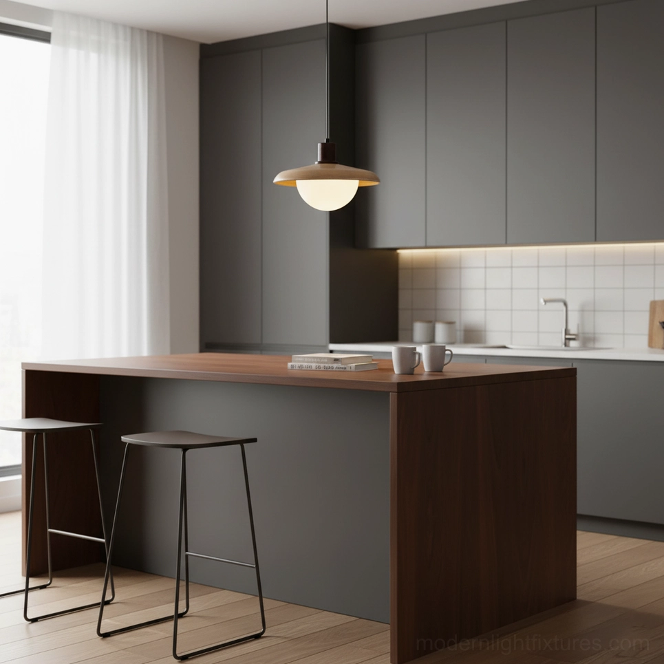 Single contemporary pendant lamp providing warm lighting over wooden kitchen island
