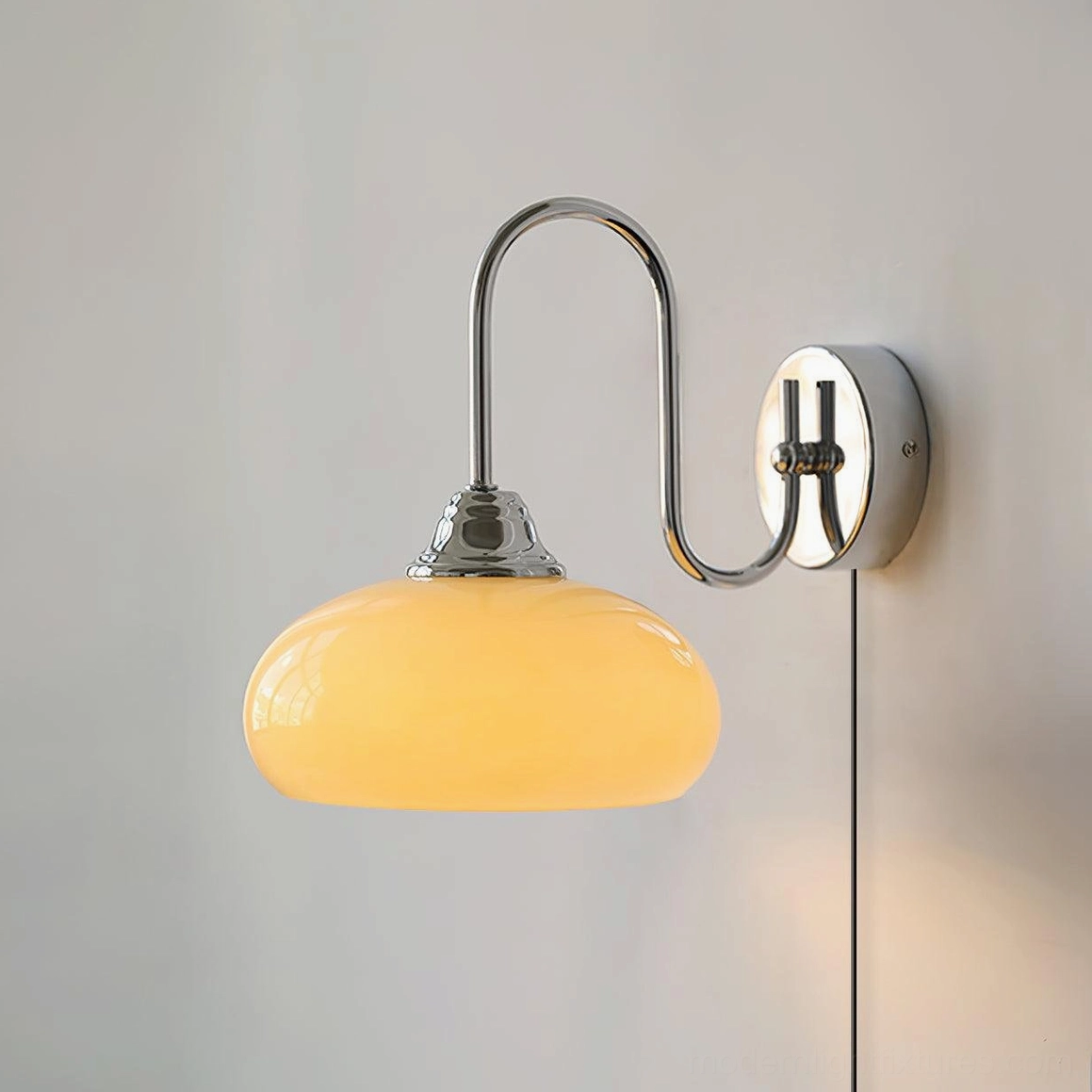 Plug-in wall sconce color options displayed: gold brass, chrome, white, and beige finishes with textured milk glass shade comparison