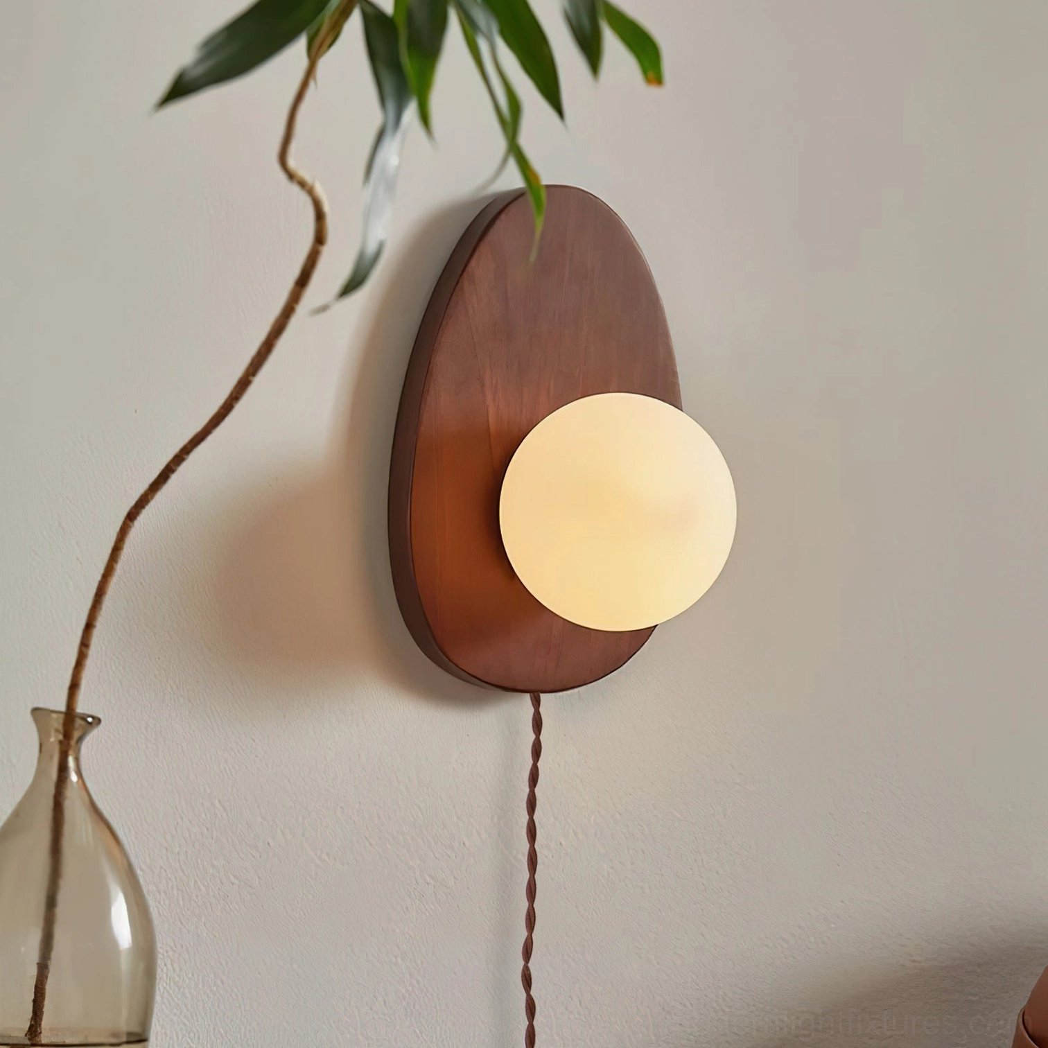Wooden plug-in wall sconce with 59-inch cord and integrated switch ready for installation