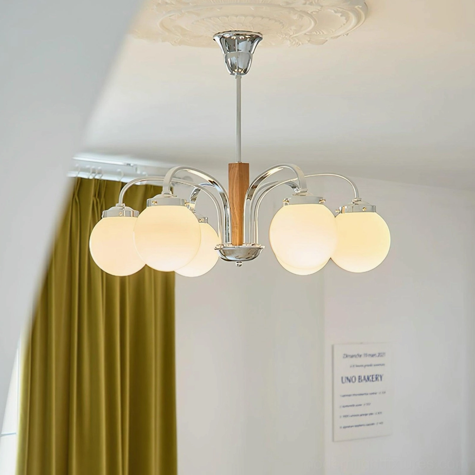 Polaris modern chandelier fixture detail shot glass shade texture chrome hardware walnut wood accent