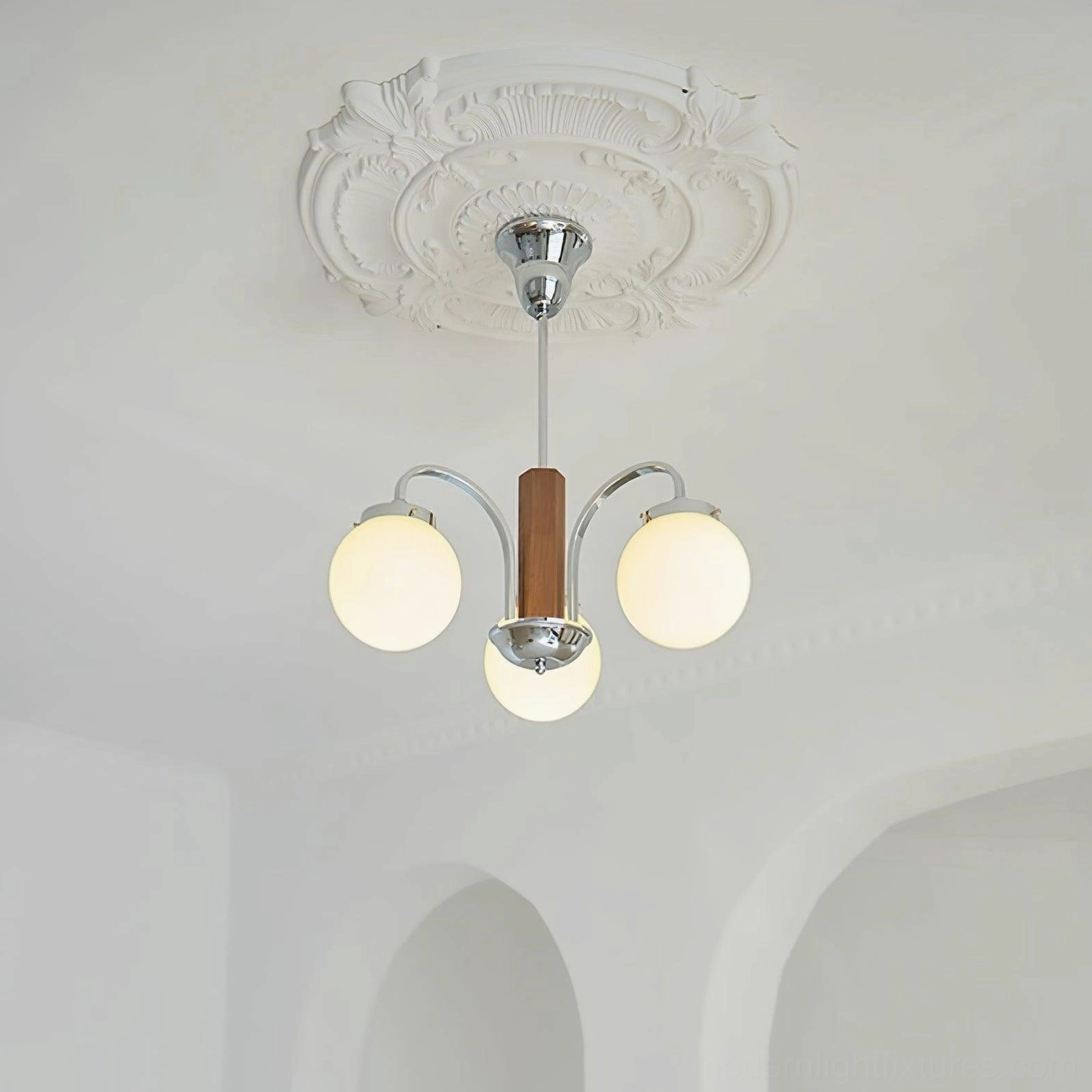 Polaris mid-century modern chandelier living room focal point sculptural form chrome walnut