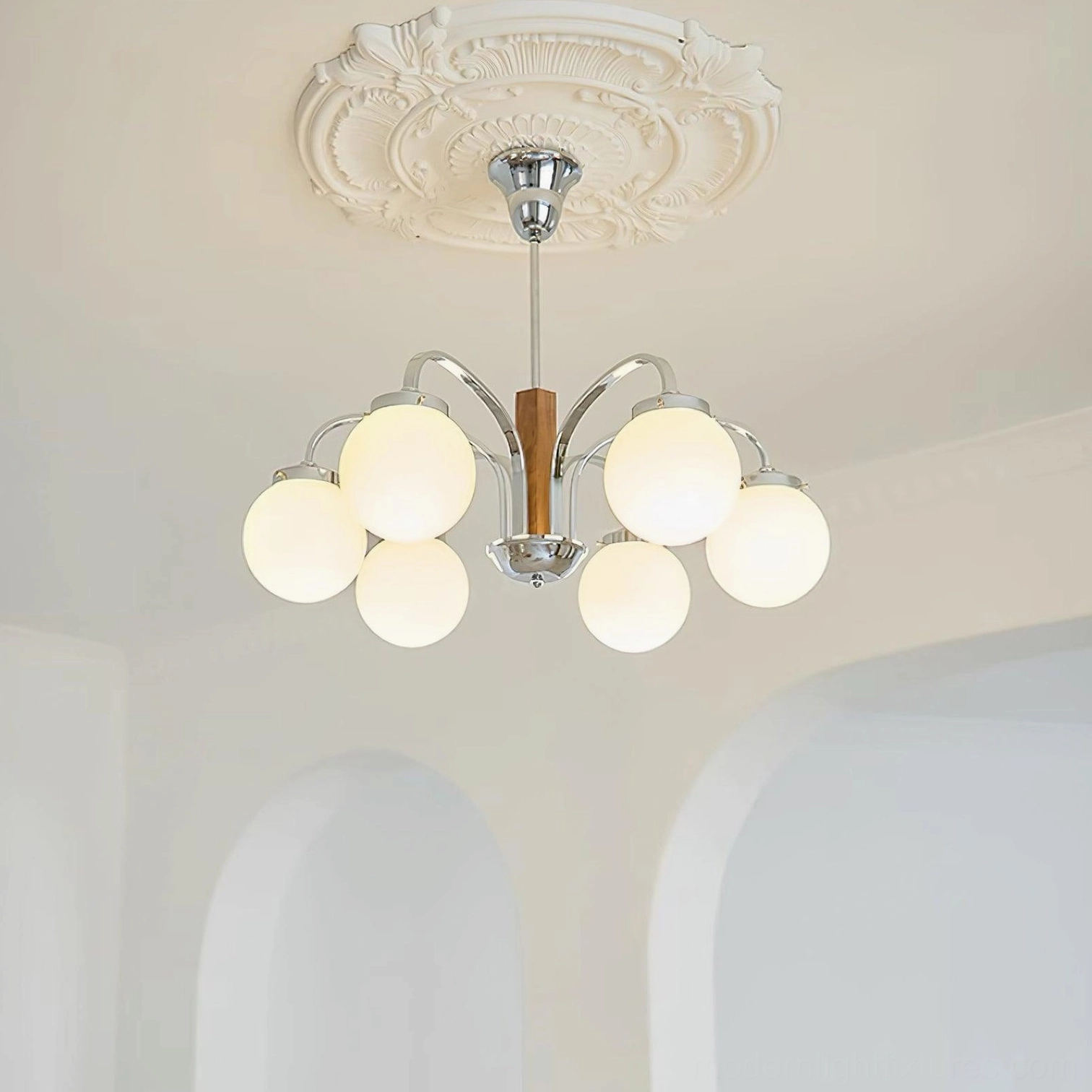 Polaris mid-century globe chandelier assembled product shot multiple configurations beige finish