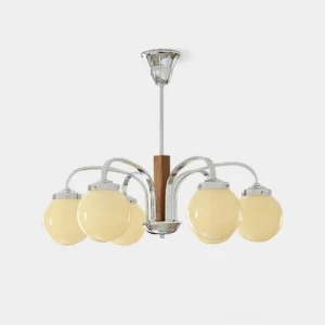 Polaris mid-century modern globe chandelier front view studio shot with frosted beige glass shades and chrome frame