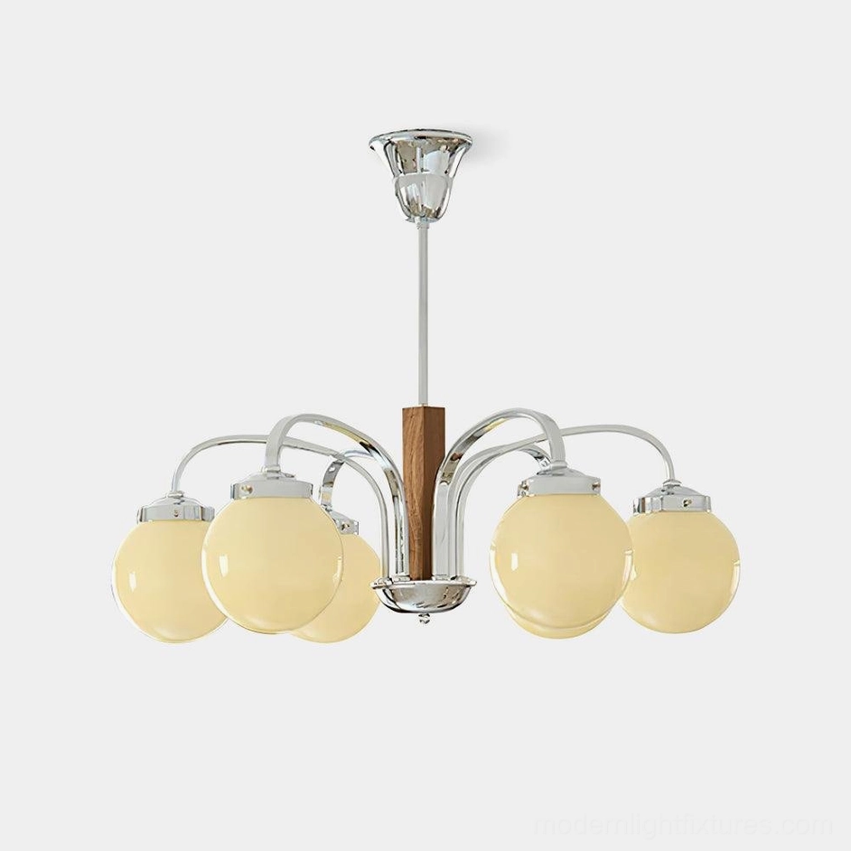 Polaris mid-century modern globe chandelier front view studio shot with frosted beige glass shades and chrome frame