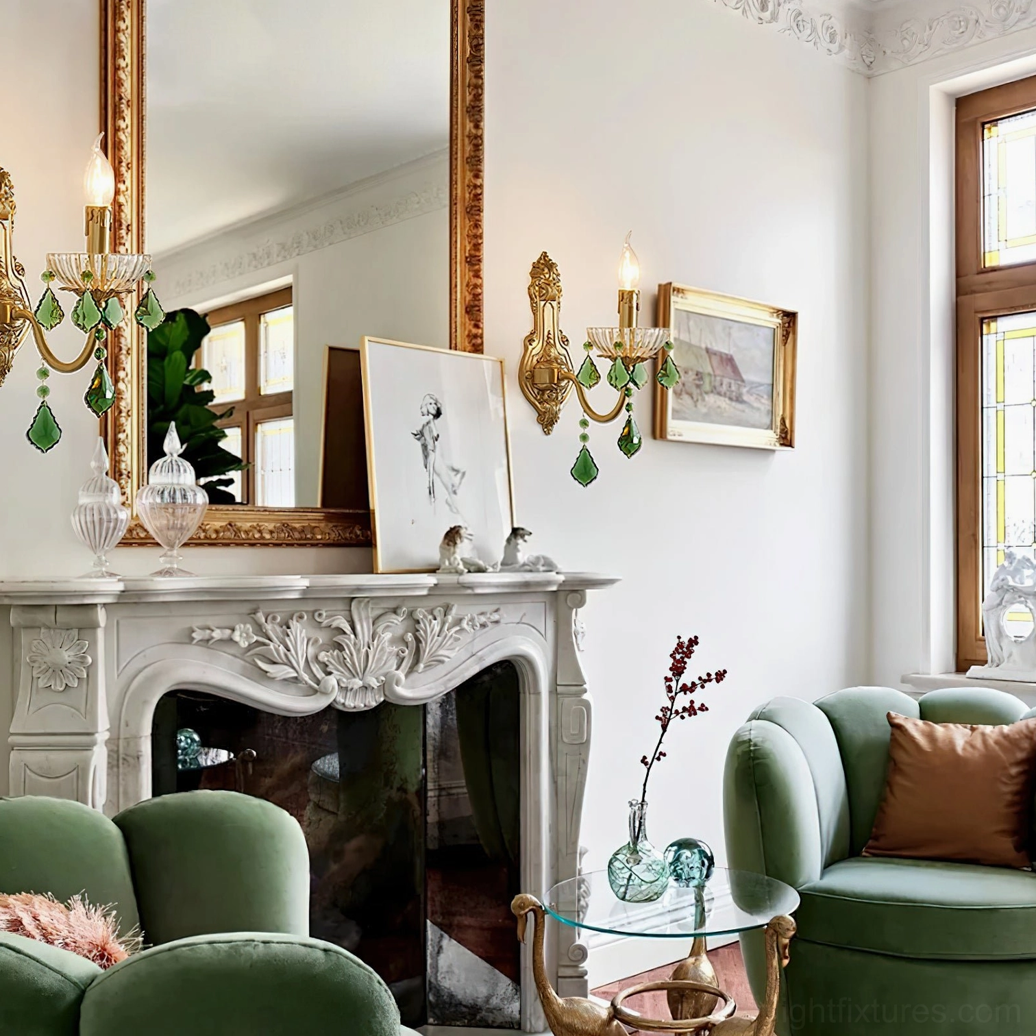 Polished brass crystal wall sconce featuring dual candle holders and hanging emerald accents