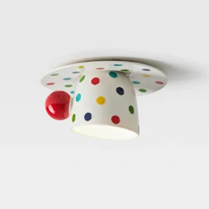 Contemporary polka dot ceiling light showing tilted side angle with multicolor dot pattern and minimalist design aesthetic