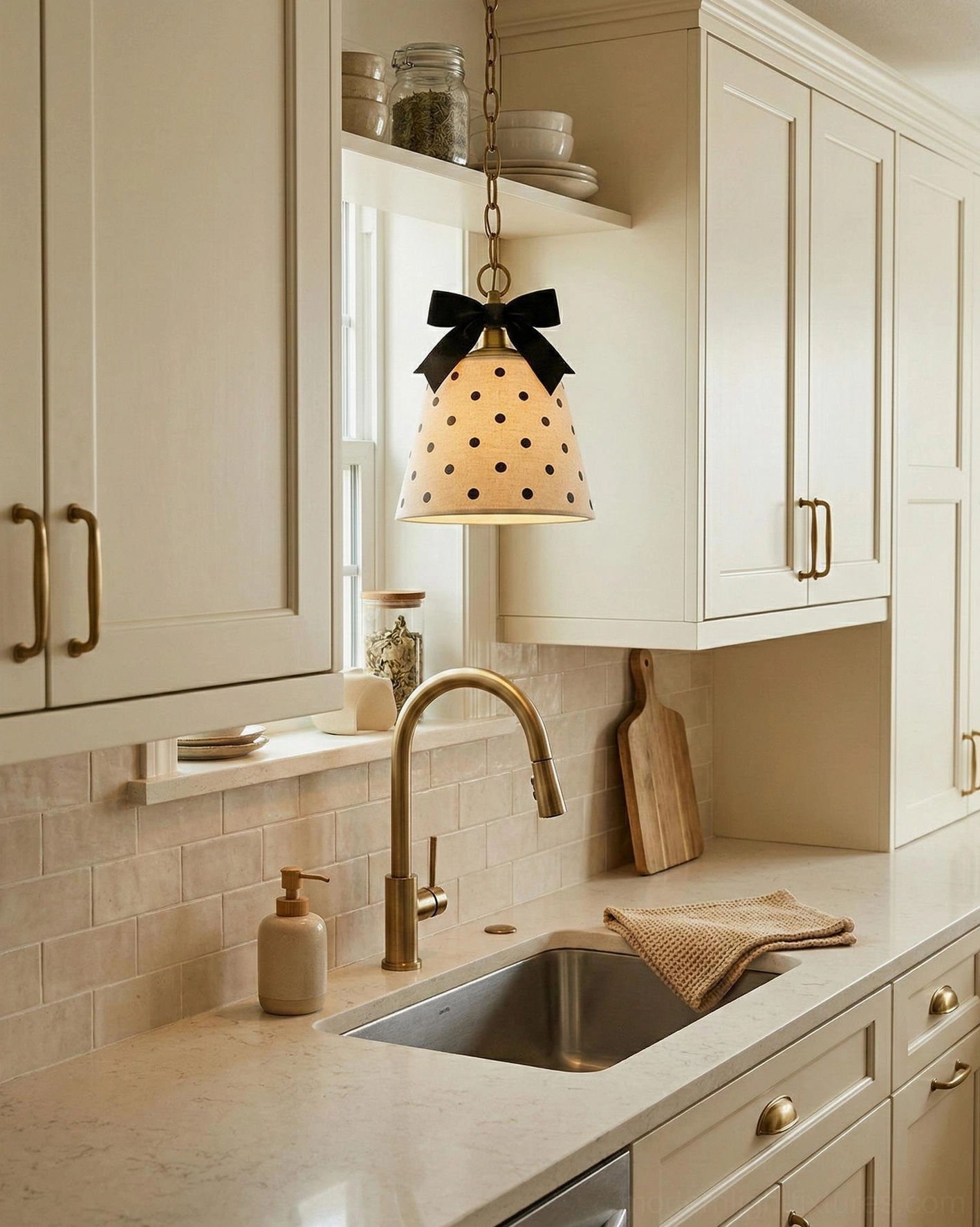 Polka dot pendant fixture installed above kitchen sink counter in white shaker farmhouse kitchen, neutral interior styling