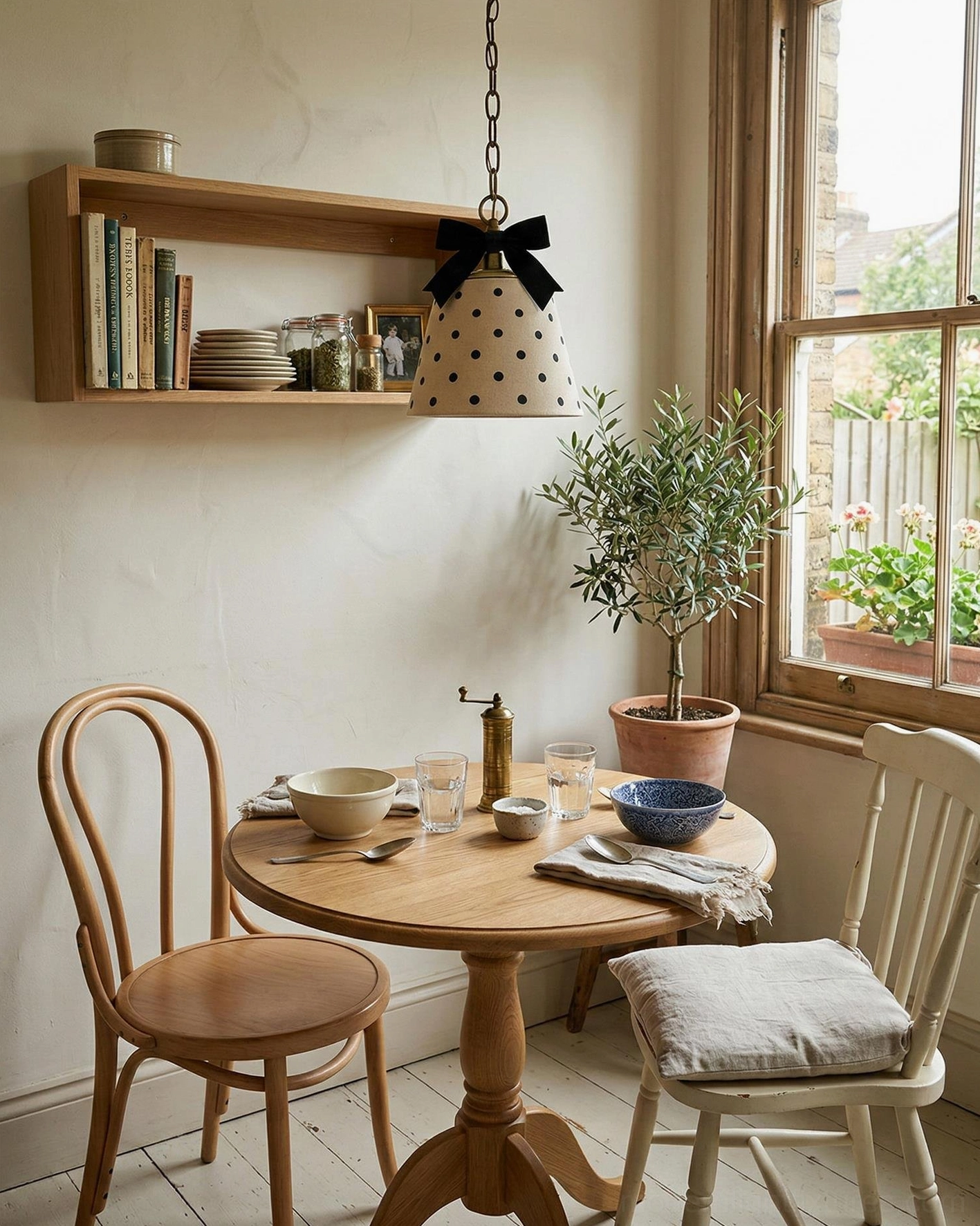 Polka dot pendant lamp suspended above dining table in cottagecore breakfast nook, wooden round table setting