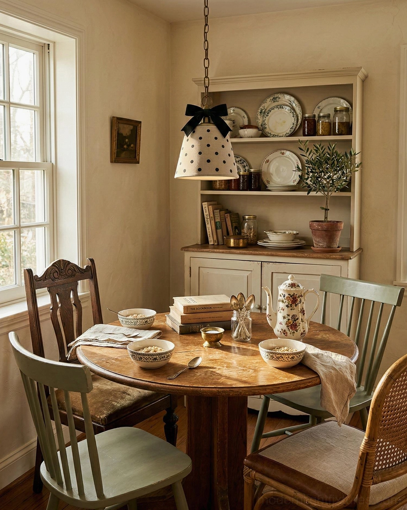Polka dot pendant light hanging above dining table in formal farmhouse dining room, wooden furniture and display cabinet