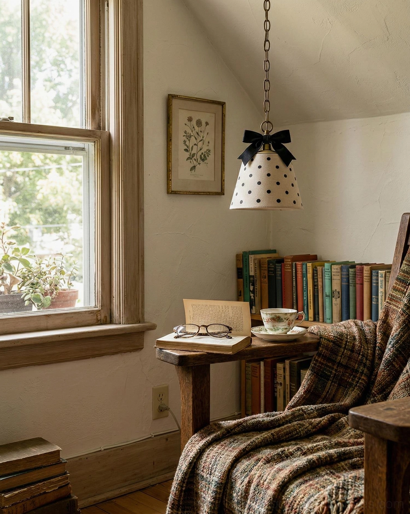 Polka dot pendant lamp mounted above side table in cozy reading nook, cottage vintage styling with plaid throw
