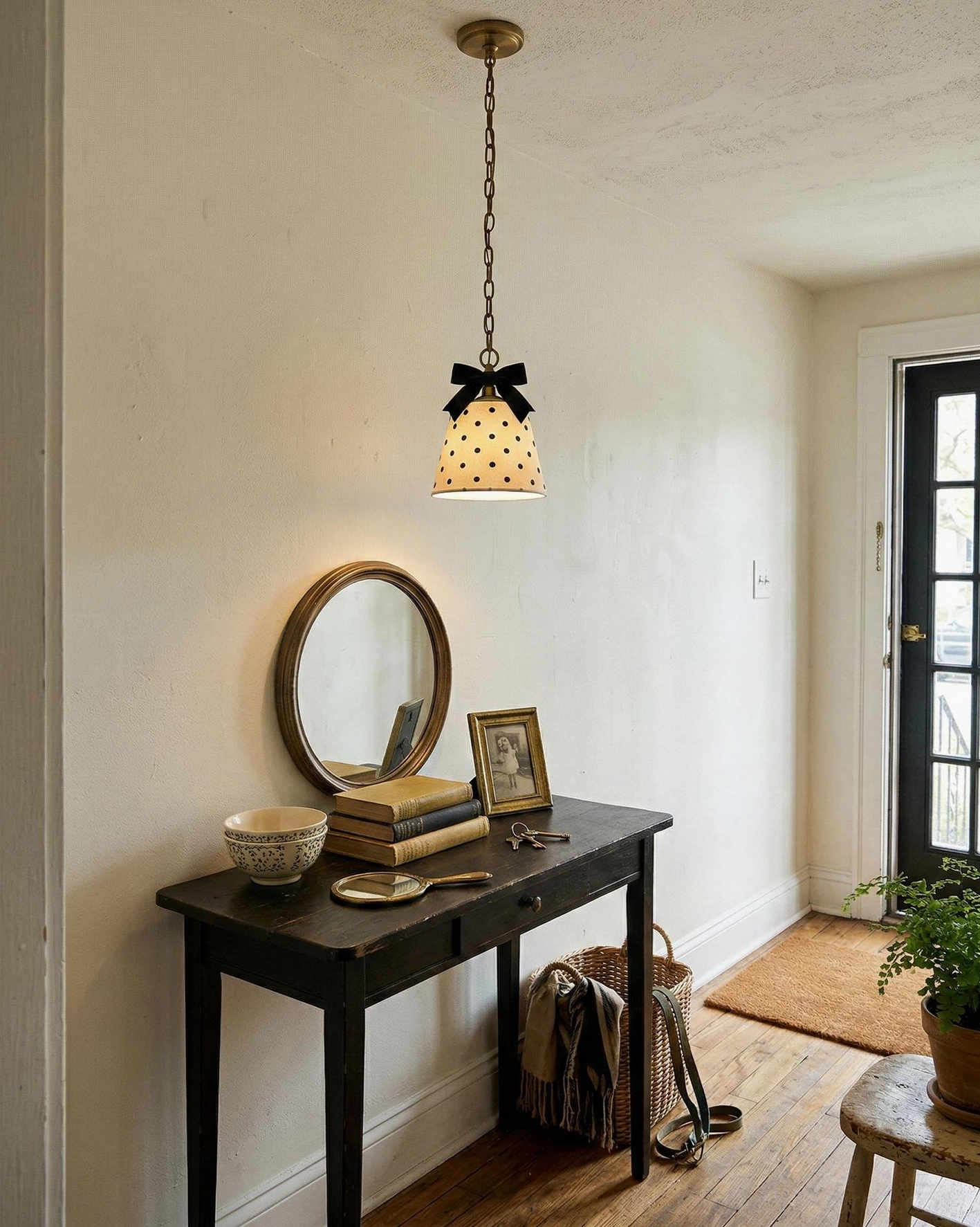 Polka dot pendant light above vanity desk in small entryway hallway, warm makeup lighting, vintage aesthetic