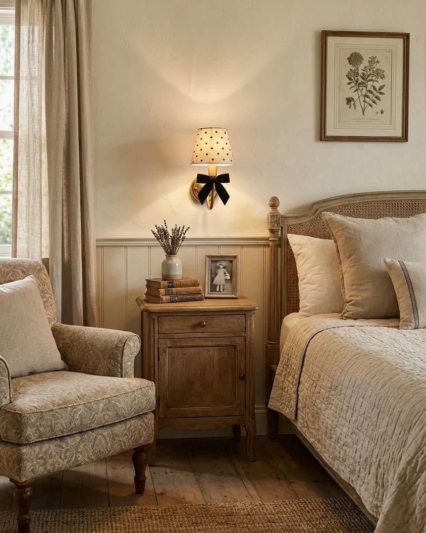 Polka dot wall sconce in classic bedroom setting, eye-level perspective showing vintage decor, botanical art, and traditional furniture pairing