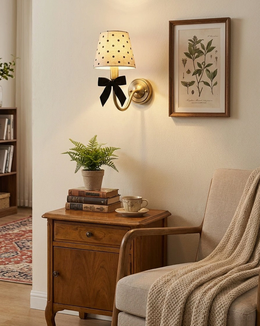 Polka dot wall sconce in reading nook with wooden side table, potted plant, and warm neutral decor creating cozy ambiance