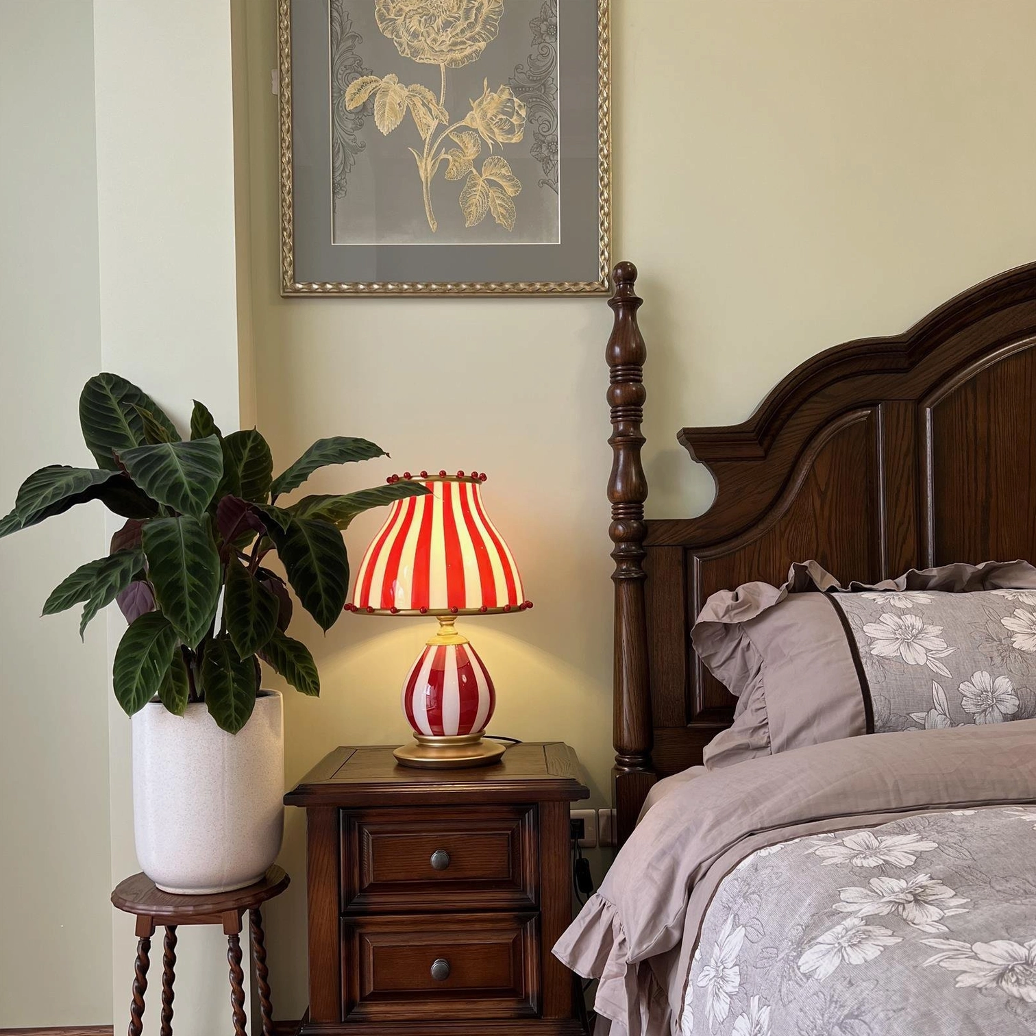 Playful pom-pom adorned striped table lamp vintage carnival design