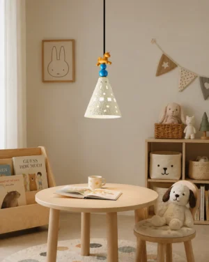 Modern hanging pendant lamp in children's playroom with geometric square cutout shade and sculptural topper