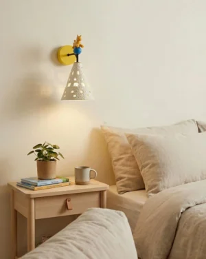 Pony wall sconce mounted beside bedroom bed with warm ambient lighting in kids bedroom