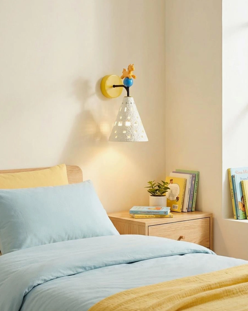 Pony wall sconce side view mounted beside bed with blue and yellow children's bedding