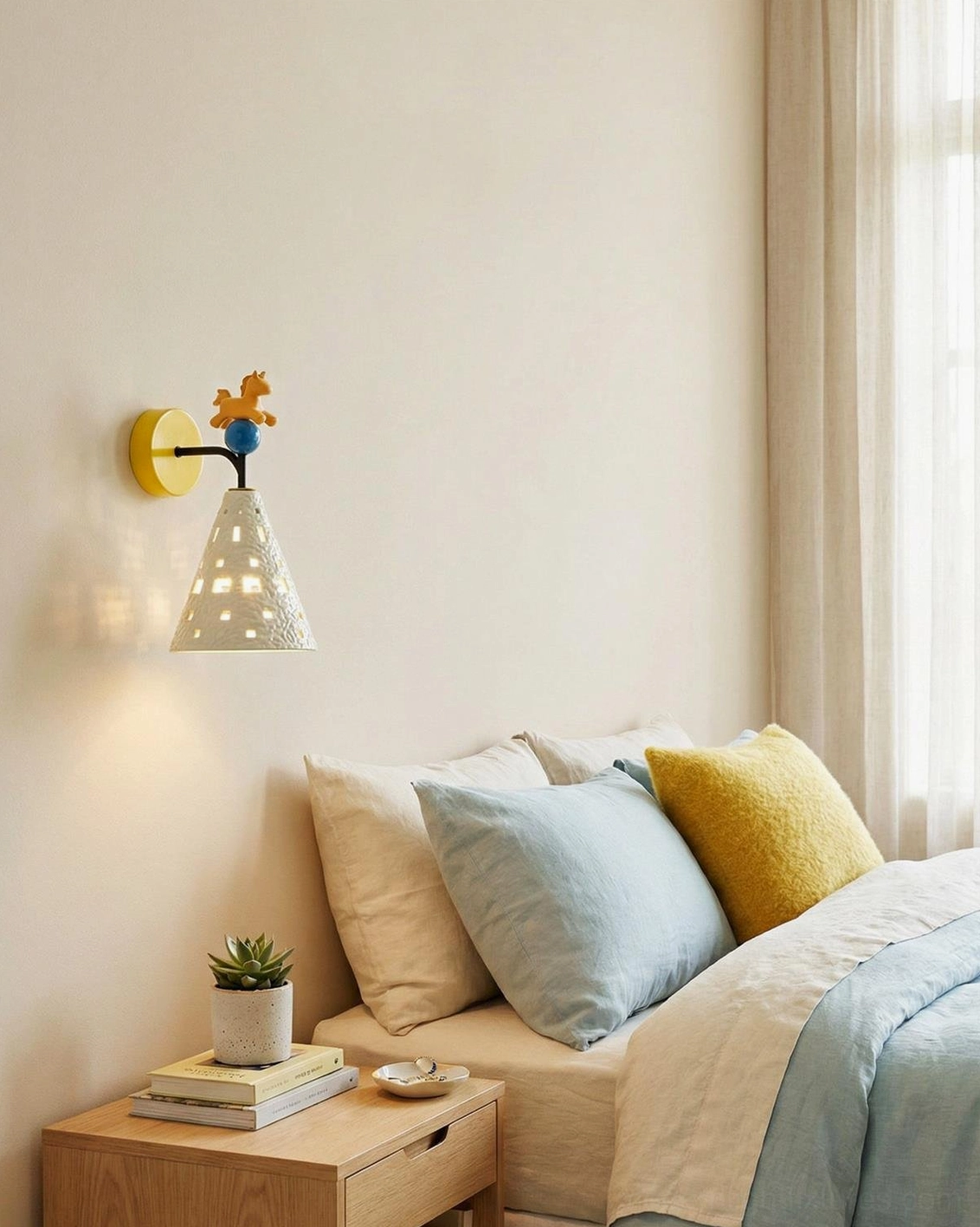 Pony wall sconce mounted beside bed with layered bedding and wooden bedside table