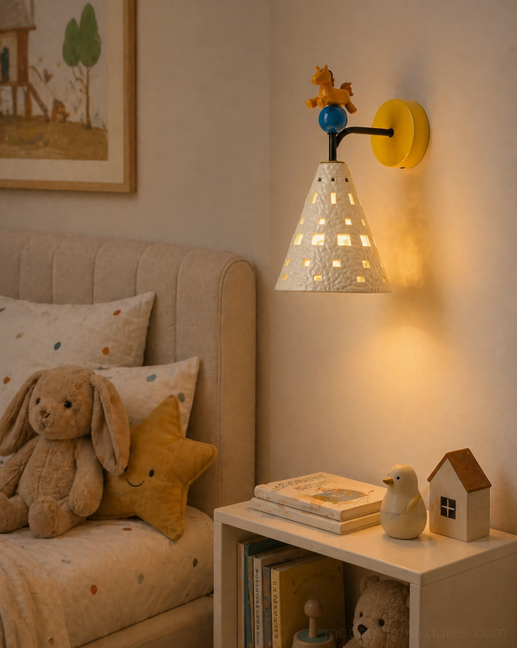 Modern pony wall sconce installed in kids bedroom corner accent wall with plush toys