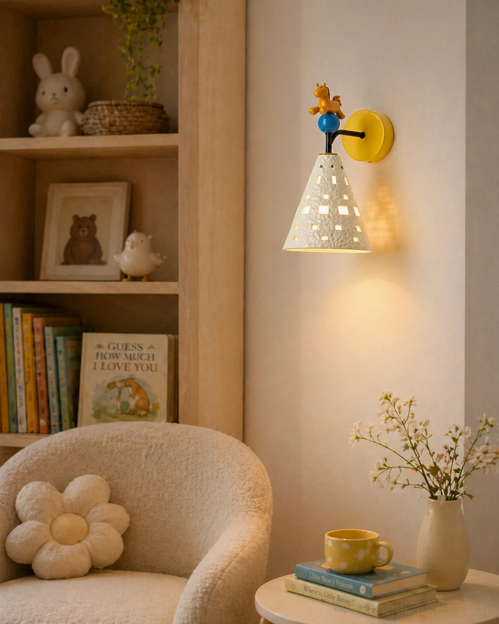 Modern pony wall sconce installed in kids reading nook with bookshelf warm neutral decor