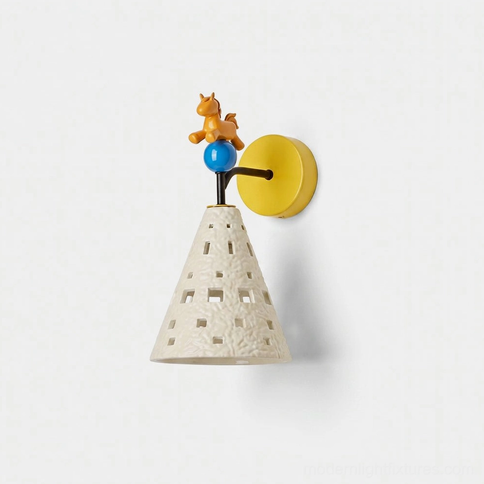Modern pony wall sconce with yellow backplate and blue accent sphere front view studio shot