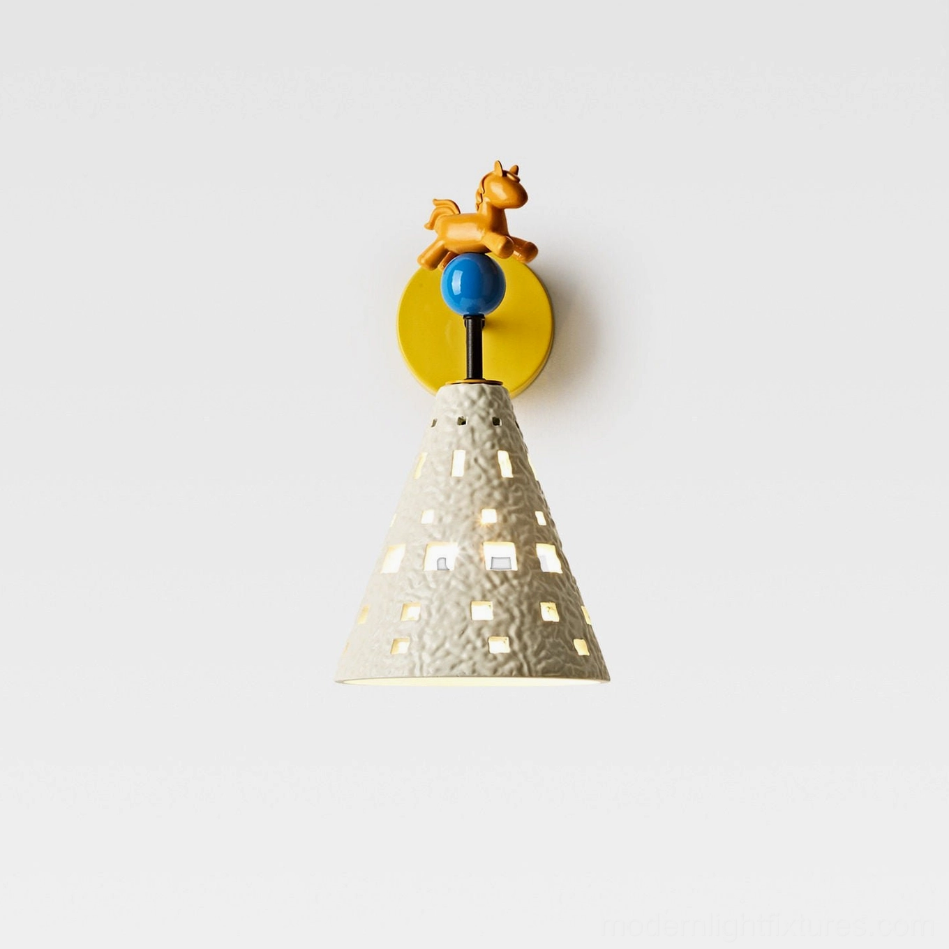 Playful pony wall sconce centered front product view showing perforated white shade design