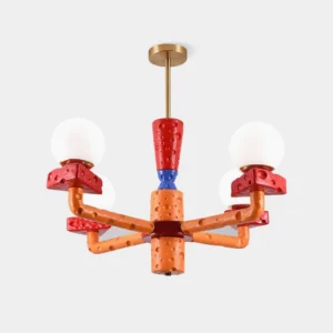 Colorful cheese block pendant chandelier front overhead view with vibrant orange red blue and white colors on white studio background
