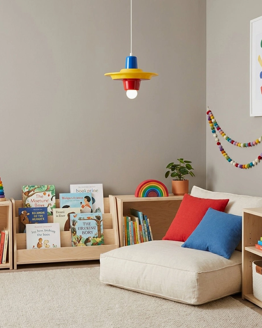 Colorful stacked disc pendant fixture in kids room corner, blue and yellow red color scheme matching playful interior design